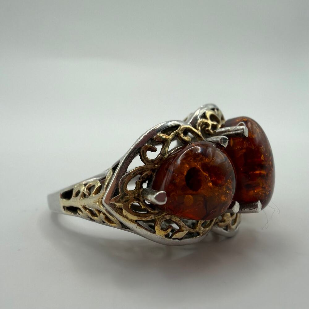 VTG 925 Sterling Silver Baltic Amber Filigree Statement Ring Size 10 7.5g